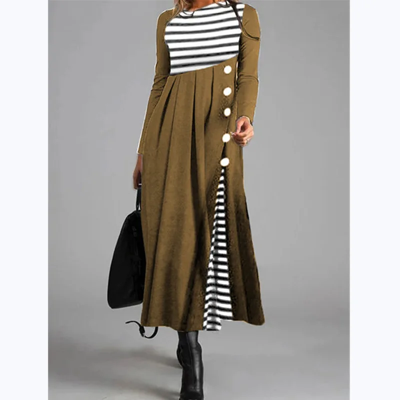 

Women's Striped Loose Plus Size Dress 2022 Spring Autumn O-Neck Button Long Dress Elegant High Waist Casual Women's Dresses
