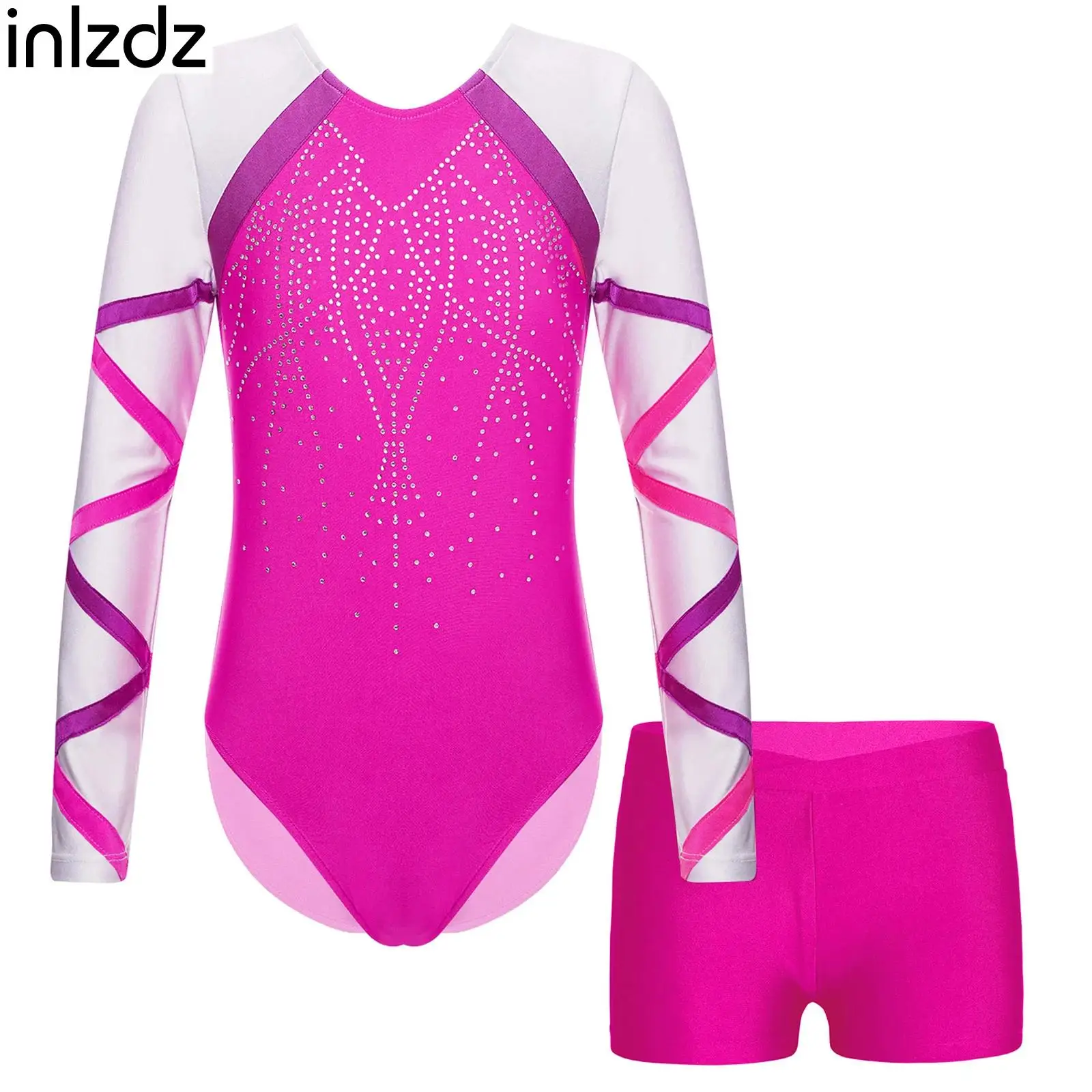 

Kids Girls Ballet Gymnastics Performance Outfit Shiny Rhinestones Dance Leotard Long Sleeve Bodysuit with Shorts for Dance Wear