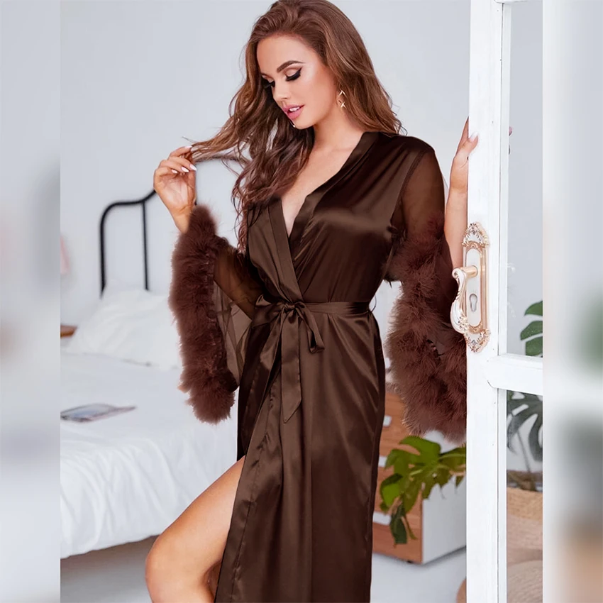 Women Dress Women Sleepwear Silk Robe Sleepwear Pajamas Hiloc See Through Satin Pajamas With Feathers Robes Patchwork Sexy Robe Long Flare Sleeves Sleepwear