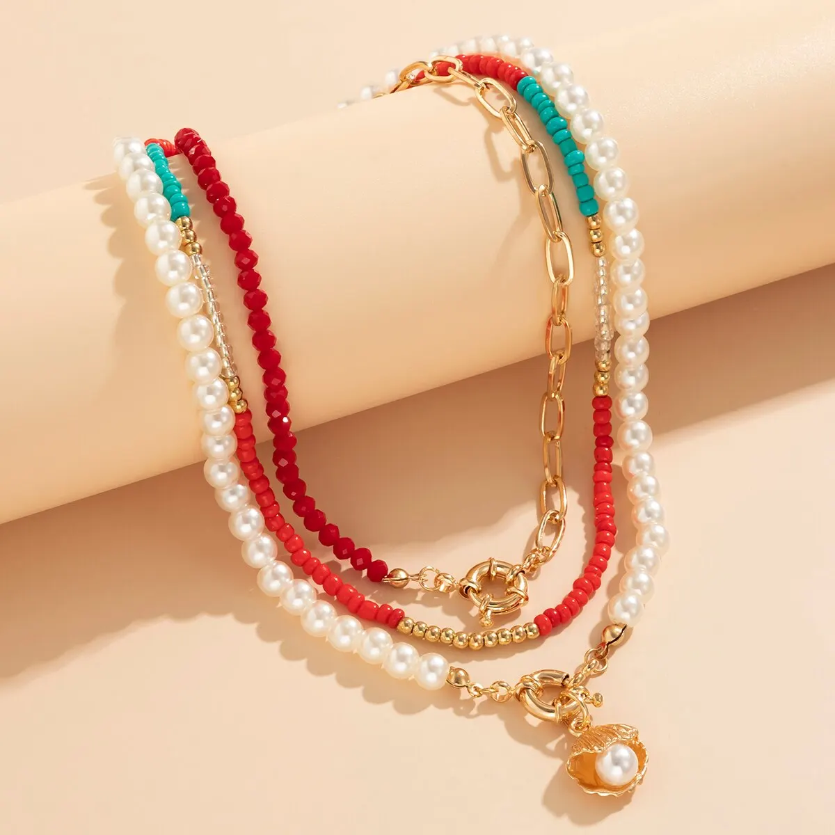 S75d7464286fe4e05b94fde5926392bd2g Boho Imitation-Pearl Colorful Seed Bead Chain Necklace for Women Summer Scallop OT Buckle Pendant Choker Jewelry Y2K Accessories Mallzona