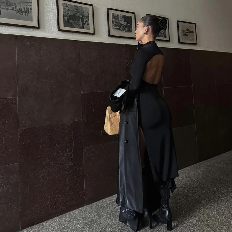 Elegant Basic Long Sleeve Solid Hole Backless Slit Split Women'S Dresses Party Club Evening Wholesale Winter Clothes