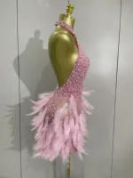 Women Luxury Rhinestones Pearls Feathers Halter Backless Short Dress Women Sexy Celebrate Birthday Dress Nightclub Stage Costume - Image 4