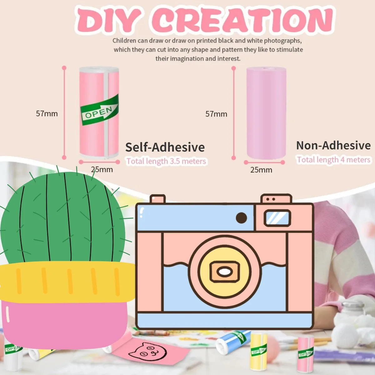 57x25mm Multi-Color Thermal Paper - Self-Adhesive BPA-Free for Portable Printers, Scrapbooking/Study Notes/DIY Crafts