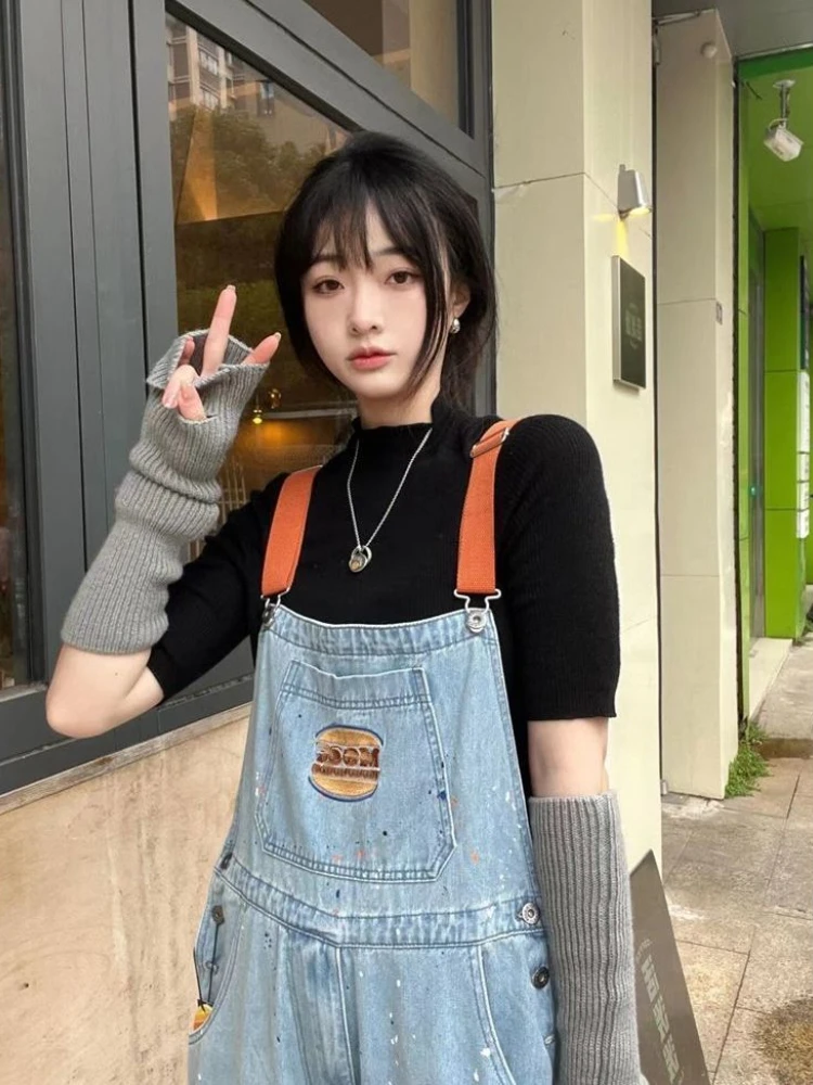 Spring Autumn New Washed Jean Jumpsuit Women Korean Loose Embroidery Splashed Ink Straight Denim Overalls Woman New