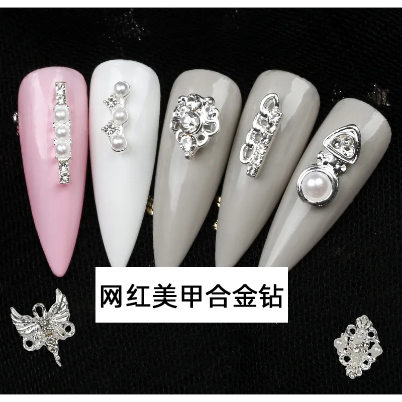 

10Pcs/Lot New Year Nail Sticker Nail Accessories New Japanese Nail Diamond Silver Shaped Diamond Angel Ring Alloy