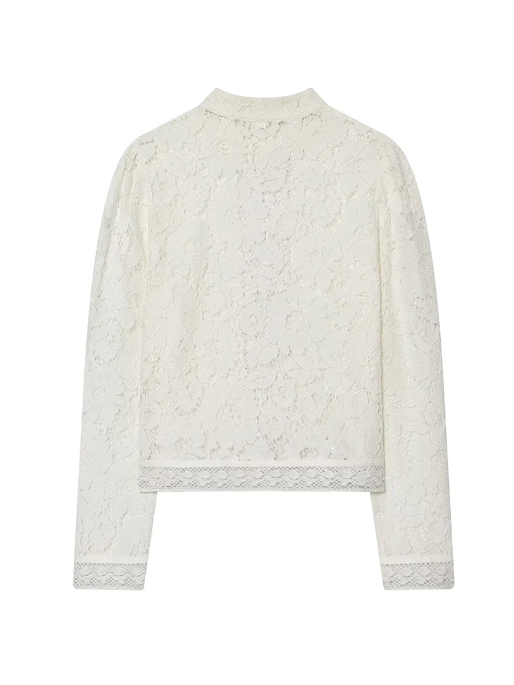 Elegant Women Lace Embroidery Shirt Chic Stand Collar Long Sleeve Commute Style Blouse Summer Fashion Slim Fit Casual Tops