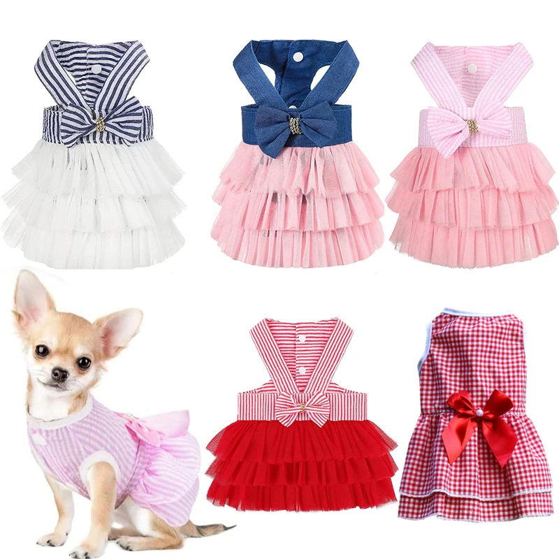 Pet Dress Pet Dog Clothes Cute Small Medium Cat Dog Princess Dresses Puppy Bow Knot Dress Pet Tutu Dresses Striped Mesh Puppy Dog Princess Summer