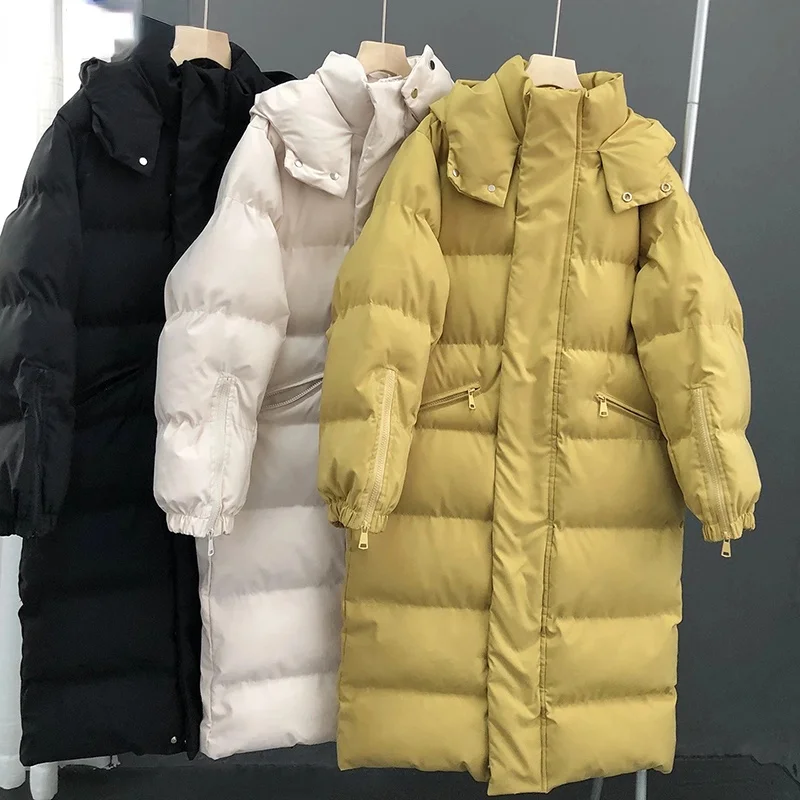 Korean Women's Oversize Over Knee Long Warm Coat Mid Length Winter Down Parkas 2022 New Vintage Winter Cotton Padded Jacket