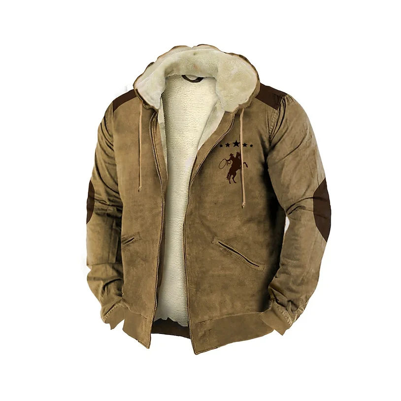 Winter Men's Zip-up Hoodies Fleece Coat Jackets Ride A Horse Cowboy Sweatshirts Outerwear Streetwear Long Sleeve Cardigan Hooded