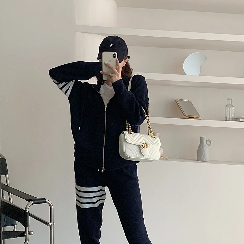 TB 와플 두꺼운 정장 슬림한 4 바 후드 가디건 재킷 여성용, 캐주얼 작은 다리 스웨트 팬츠