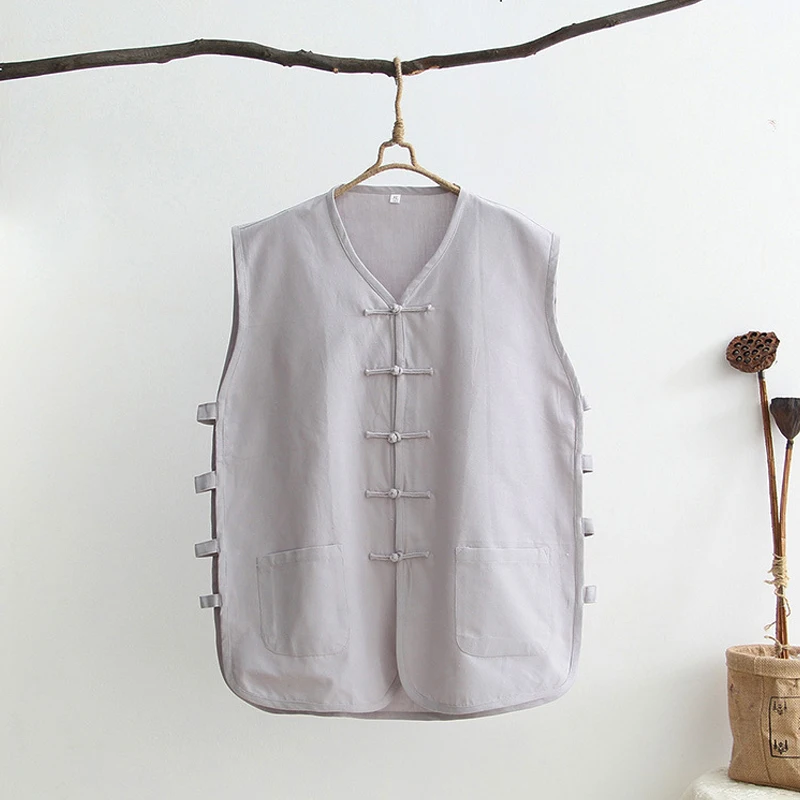 Men Summer Thin Cotton Linen Vests Tang Suit Traditional Chinese Shirts Tee Tops Kung Fu Vests Sleeveless Viking Pirate T-Shirts