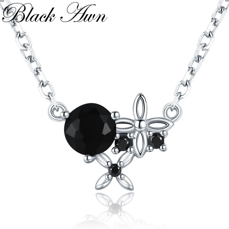 [BLACK AWN] Trendy Silver Color Necklace for Women Flower Black Spinel Necklaces Pendants Fashion Jewelry K035