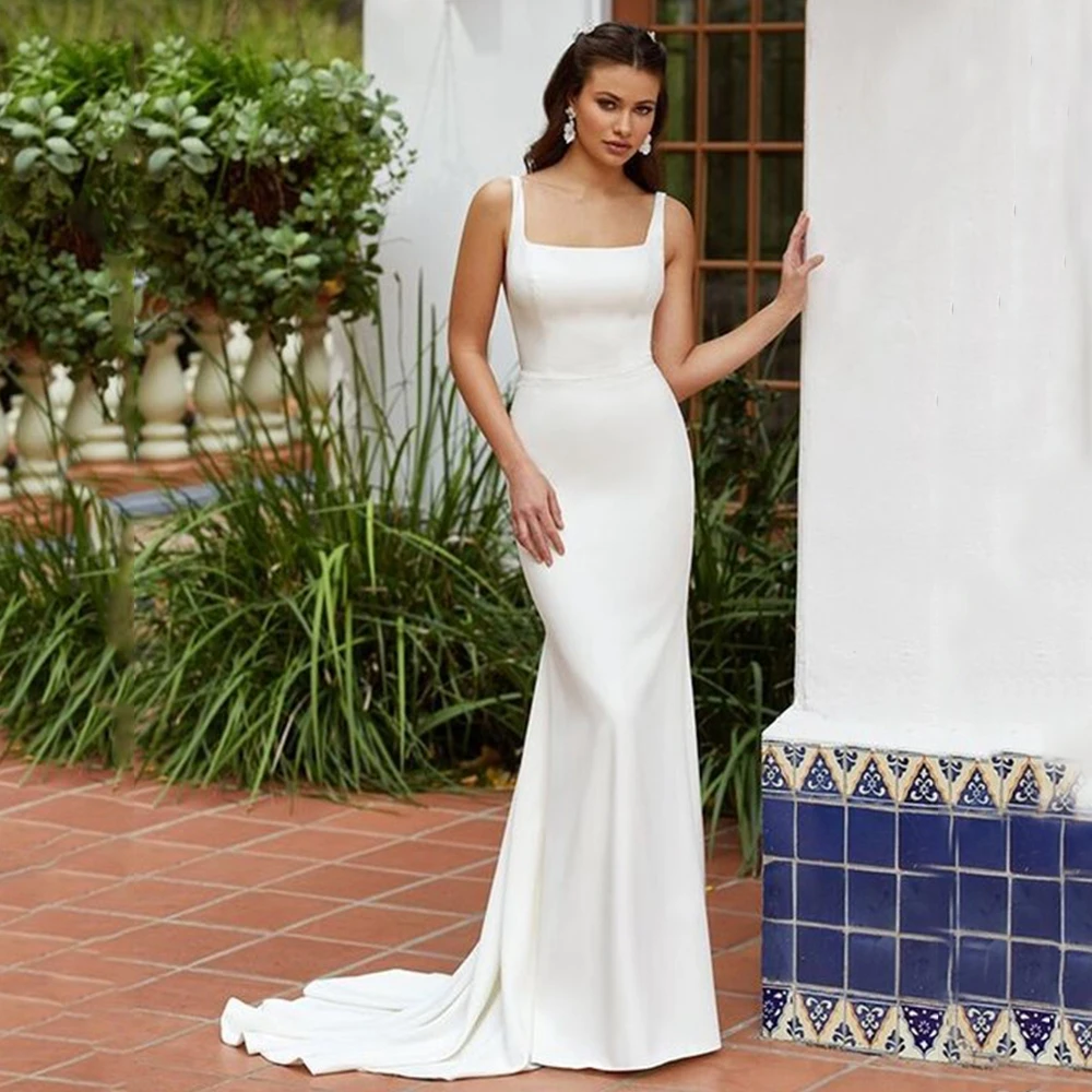 Simple White Wedding Dress Mermaid Square Neckline with Belt Double Shoulder Sleeveless and Backless Multi Size Bridal Gowns