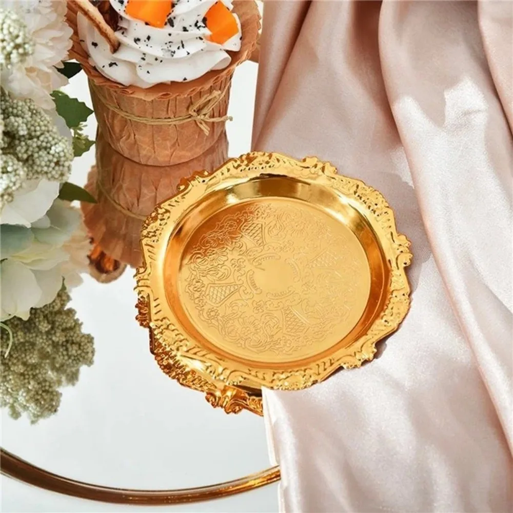 Retro Golden Silver Cake Tray Round Desktop Jewelry Storage Tray Fruit Snack Plate Party Decorative
