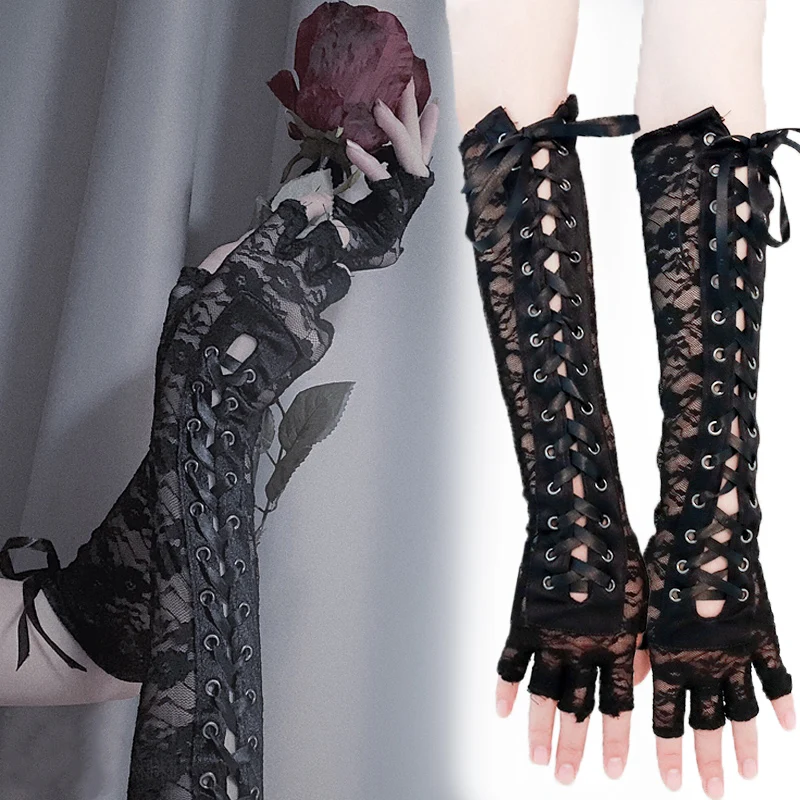 Sexy Lace Fingerless Gloves Gothic Black Arm Sleeve Retro Women's Long Gloves Fishnet Bandage Mesh Punk Lolita Cosplay Party