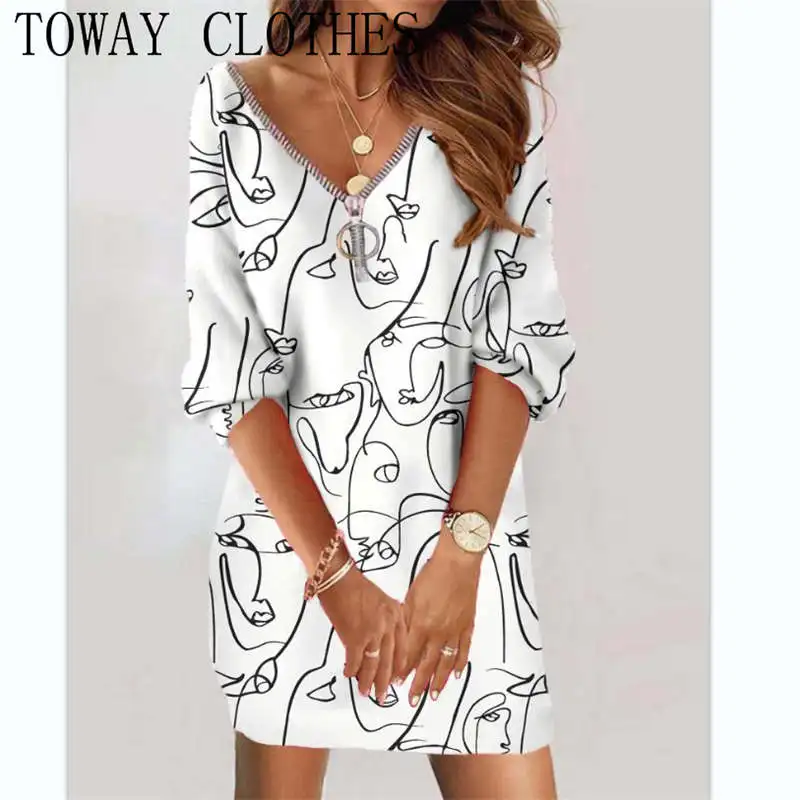 

Dress For Women 2023 V-Neck Half Sleeve Abstract Figure Print Zipper Detail Casual Dress