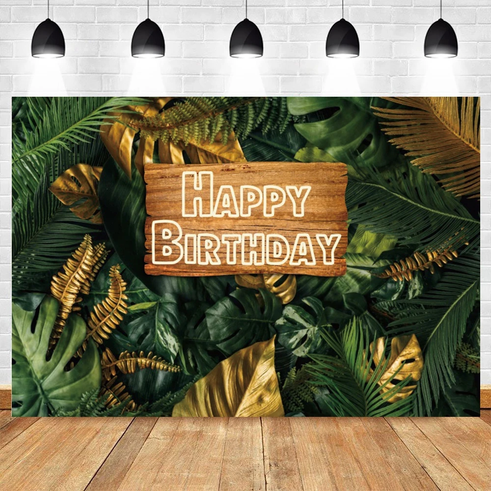 

Photocall Happy Birthday Photography Backdrop Tropical Green Leaves Wedding Party Decor Photographic Backgrounds Photo Studio