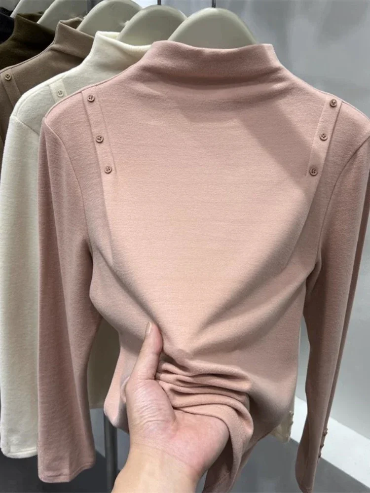 

Spring Autumn New Women Top Half High Neckline Korean Button Lining Vintage Shirts for Women Fashionable Comfortable T Shirt