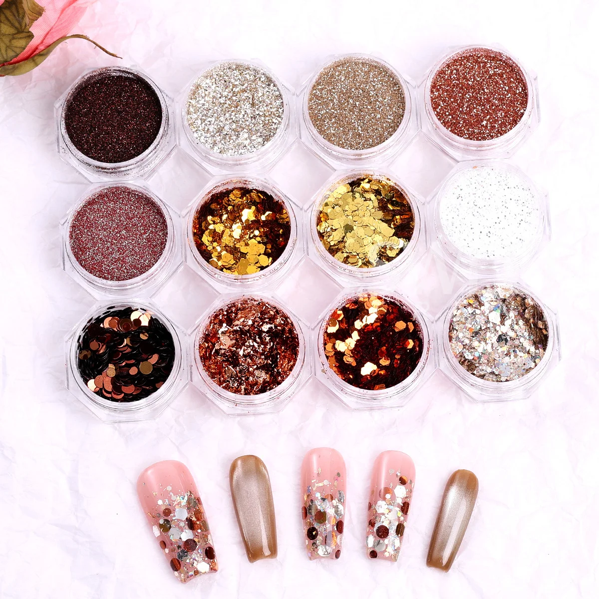 12pcs Brown Gold Style Nail Glitter Mixed Hexagon Round Sequin Metallic Leaf Sparkly Gorgeous New Year Winter Decor Accessories