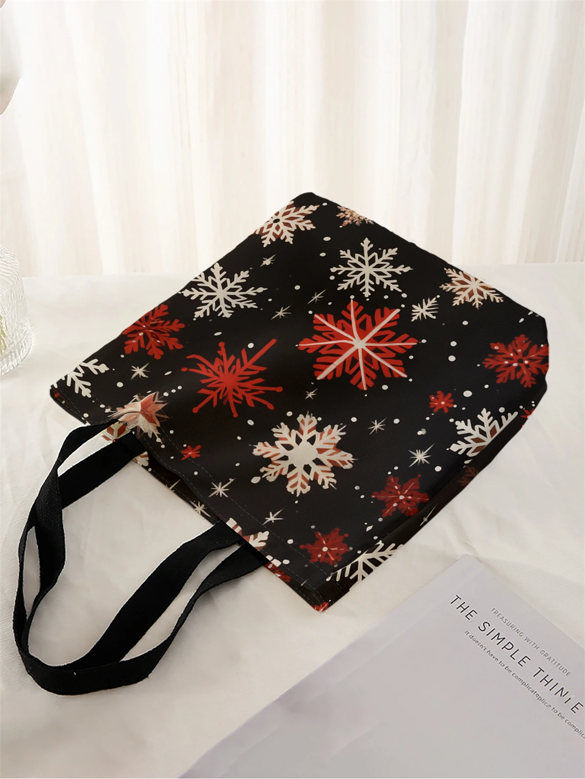 1pc,Christmas snowflake handbag, reusable fashionable handbag, multifunctional handbag, printed canvas shopping bag