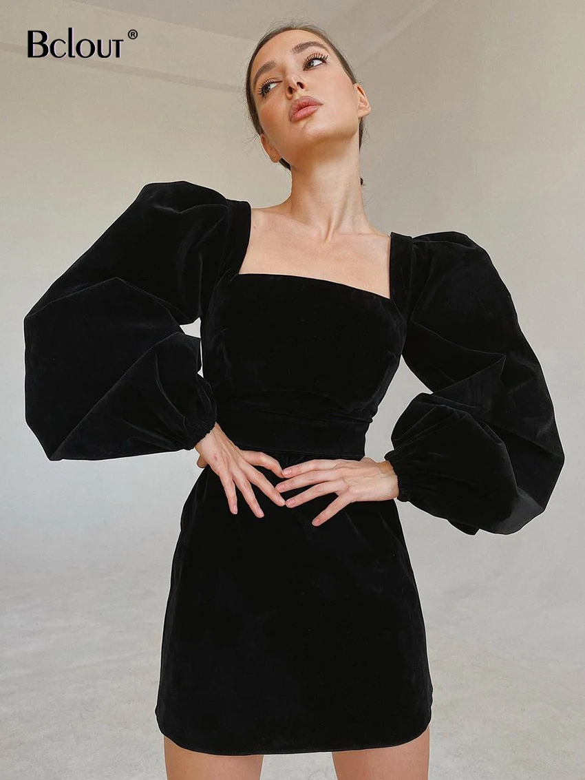 

Bclout Elegant Black Square Collar Velvet Dress For Women Sexy Long Sleeve Bodycon Pencil Dress Zipper Party Mini Dresses Autumn