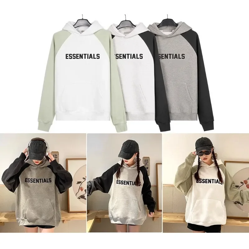 

ESSENTIALS New Double Stitching Color Flocking Printing Letter Hooded Sweater High Street Loose Plush Men's Sweater Couple Coat
