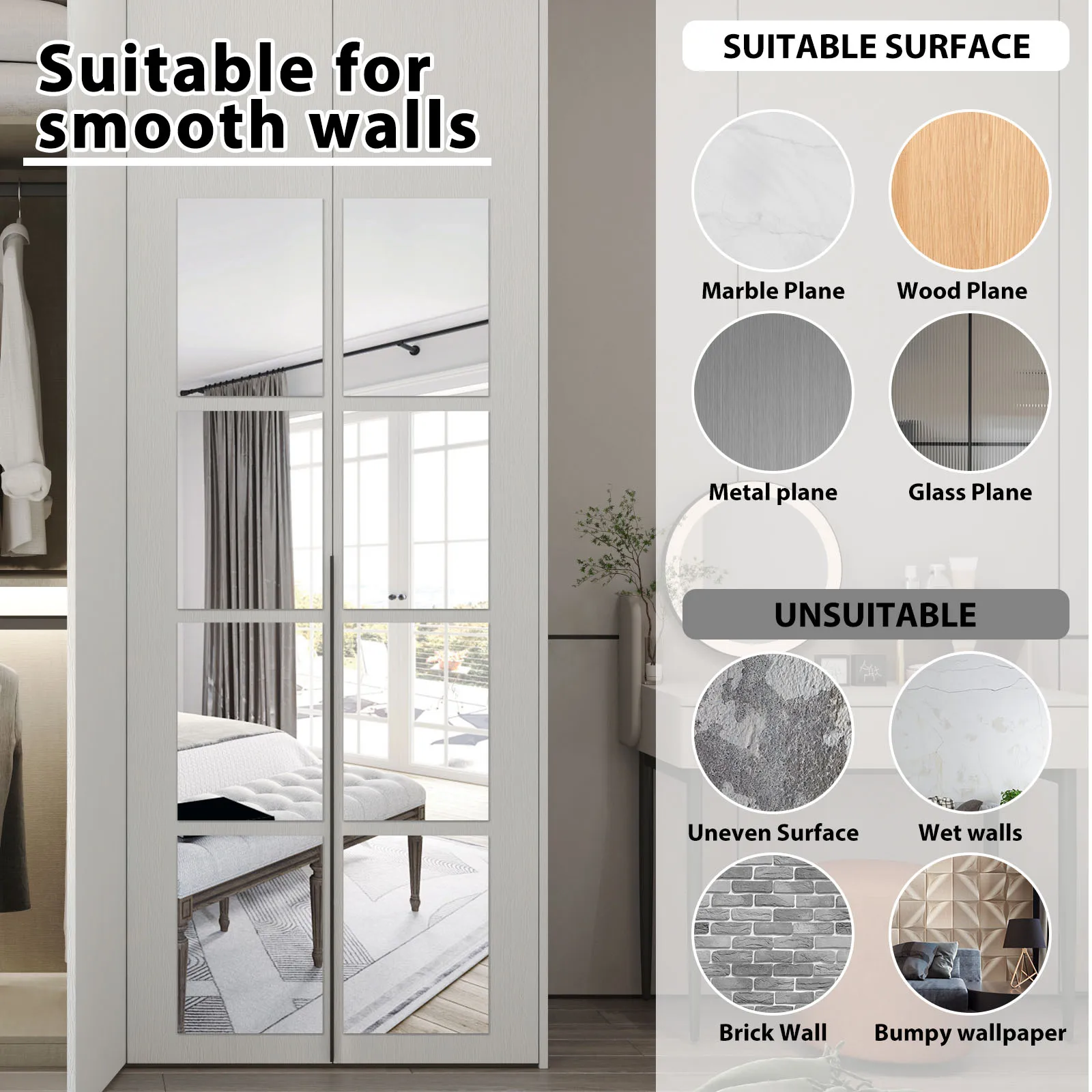 16Pcs Rectangle Mirror Wall Sticker Self-adhesive Acrylic Tiles Mosaic Decal Mural Covering For Bedroom Household DIY Decoration