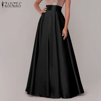 ZANZEA Women Satin Silk Black Maxi Long Skirts Elegant Luxury High Waisted A-Line Party Jupe Femme with Back Zipper Faldas Mujer 1