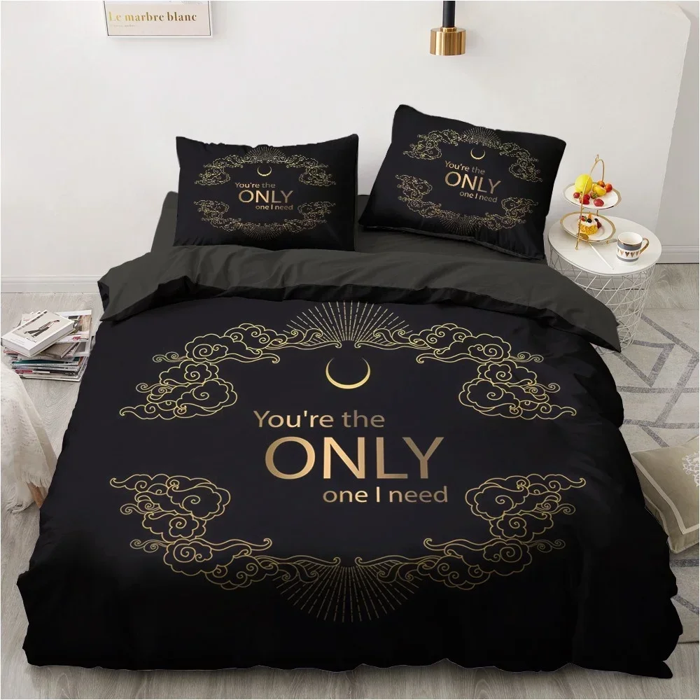 3D Black Bedding Set Pillowcase King Queen Full Single 200x200 Bed Linen Gold Design 3D Printed Duvet Cover Set for Teens Women