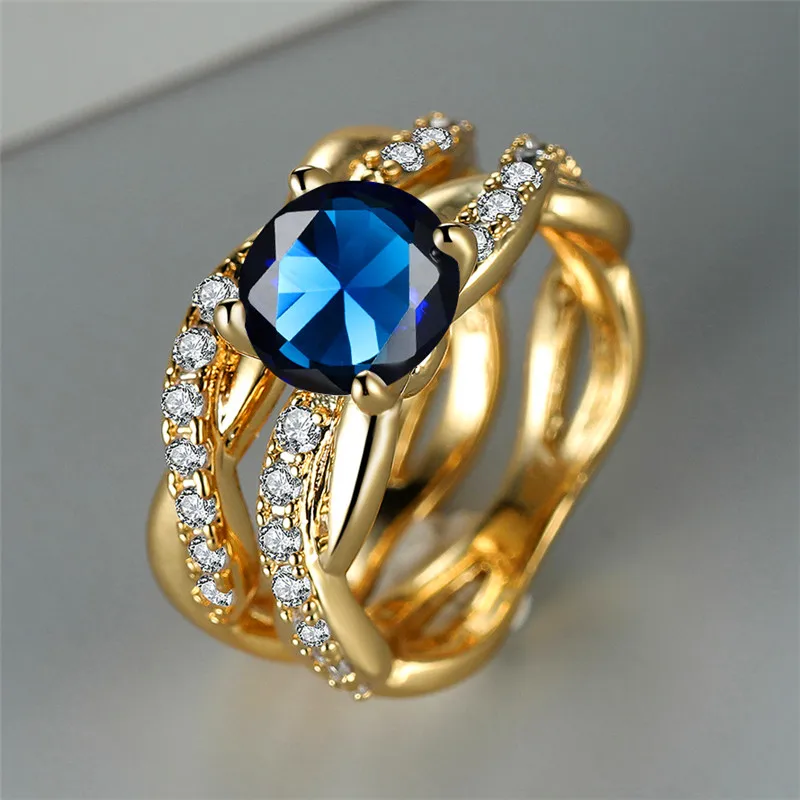 Female Crystal Blue Round Zircon Stone Engagement Ring Set Luxury Silver Color Wedding Jewelry For Women