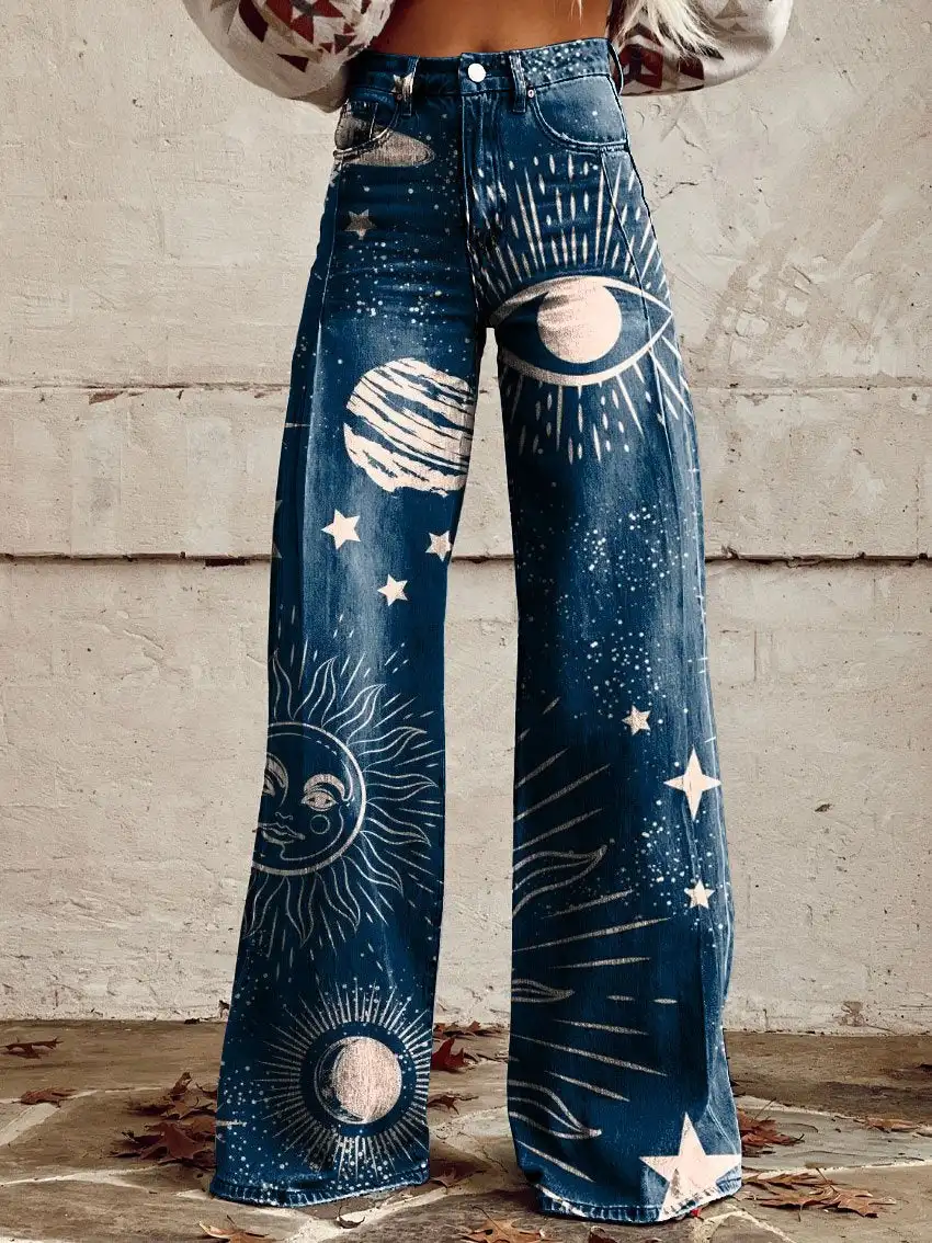 Fashionable women's wide-leg pants, retro butterfly 3D pattern, suitable for daily shopping casual women's wide-leg pants S-3XL
