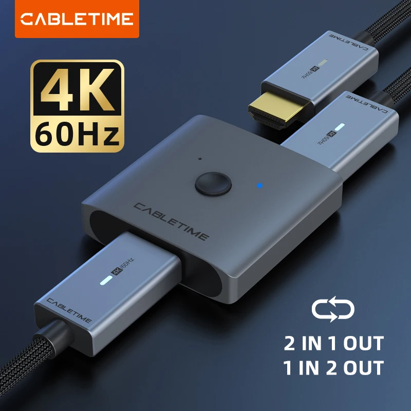 HDMI splitter switch CABLETIME 4K 2 in 1 Out 60Hz HDMI-compatible 2.0 Hub Switcher for PC Laptop HDTV Xbox PS4 PS5 TV Macbook