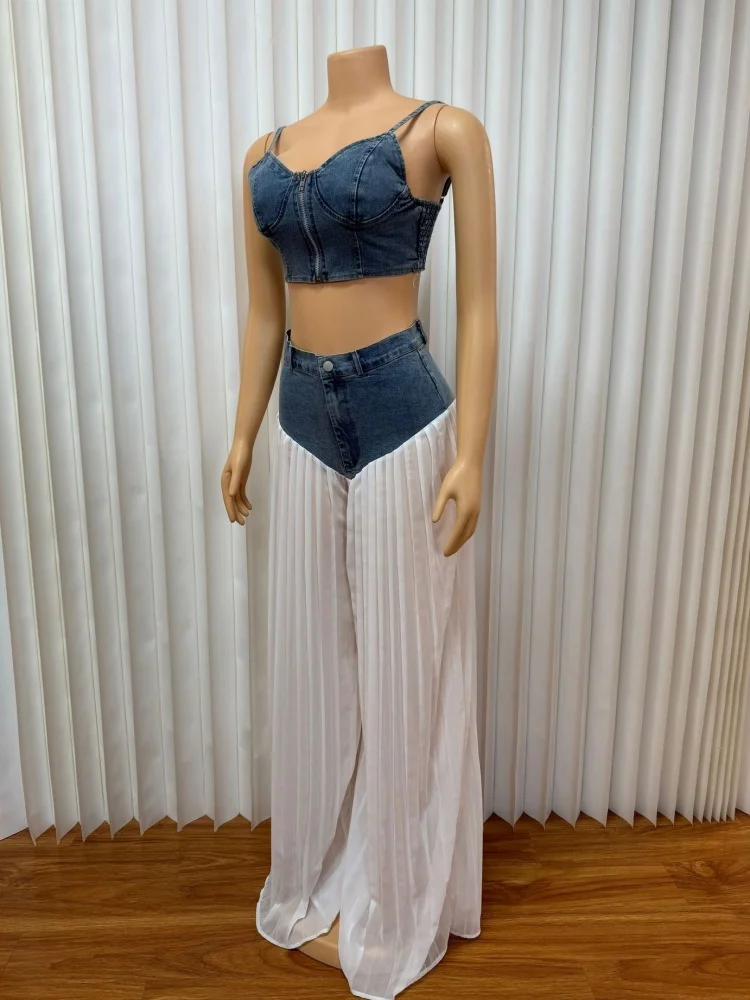 Wmstar Two Piece Sets Women Denim Patchwork V Neck Vest with Pleated Denim Chiffon Trousers Wide Leg Pants Sets Women's Clothing