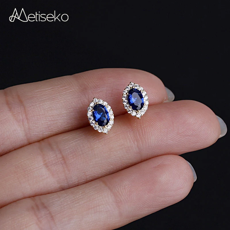 Metiseko 925 Sterling Silver Plated 14K Gold Stud Earrings Sapphire Colour Oval Zircon Retro Style Earrings for Elegant Women
