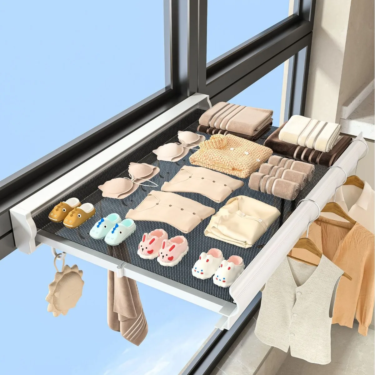 Telescopic clothes drying net indoor no drilling invisible telescopic clothes drying rack bathroom folding storage