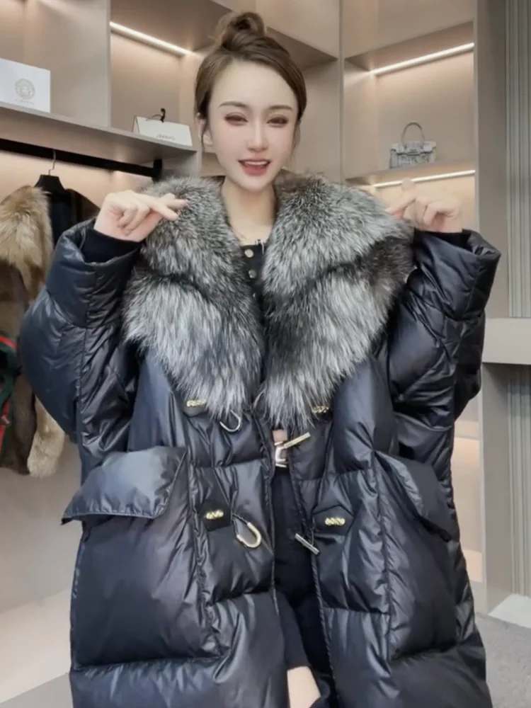 Women's 2024 Winter New High-End Fashion Down Jacket Fur Silver Fox Big Fur Collar Thick Warm Long Sleeves Elegant Down Coats