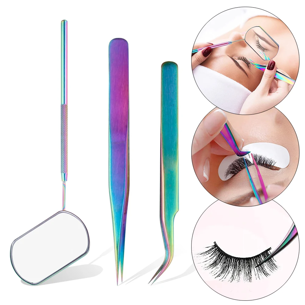 

3Pcs/Set Eyelash Mirror Large Checking False Eyelashes Makeup Lash Extension Tweezers Stainless Steel Anti-Static Lashes Tools