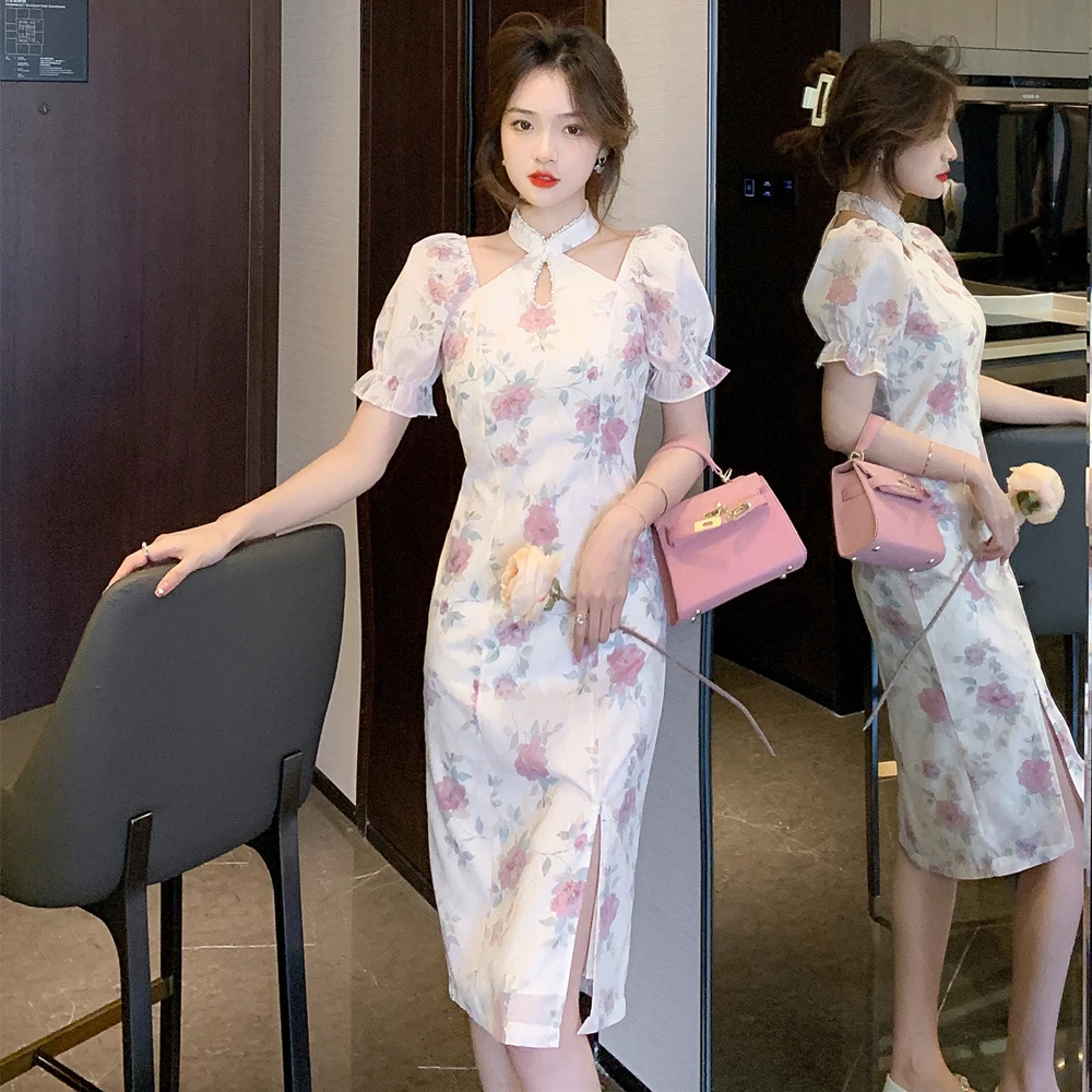 

Dresses for Women 2022 Summer New Retro Cheongsam Stand Collar Bead Puff Sleeves Slim and Thin Split Mid-length Dress Female