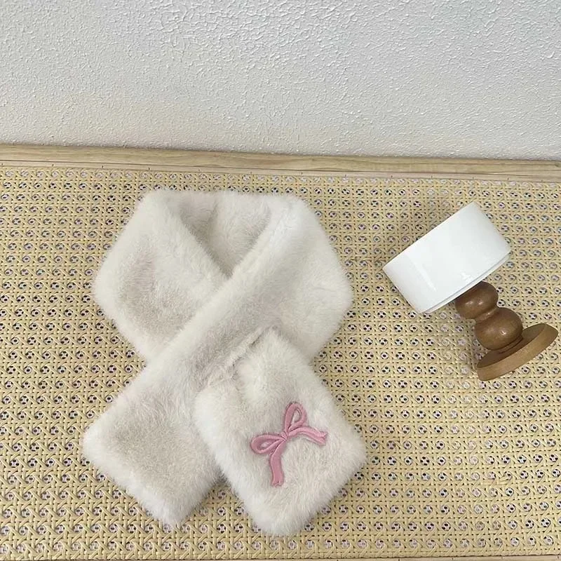Embroidered Bow Baby Plush Scarf Winter Warm Children Neckerchiefs Korean Kids Cross Neck Covers Sweet Girl Fur Collars