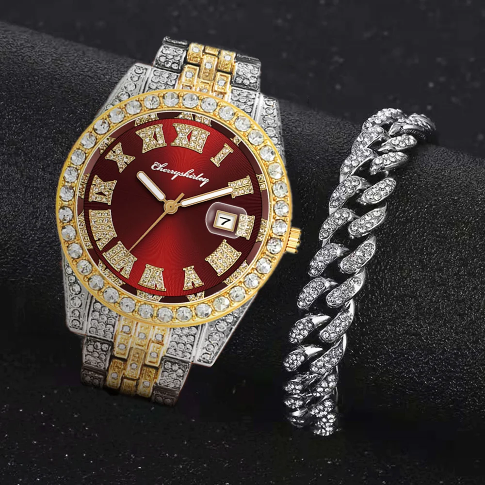 2PCS Full Iced Out Watches for Men Bracelet Bling Bling Luxury Watch Jewelry for Men Gold Watch Hip Hop Mens Watch Set Relojes