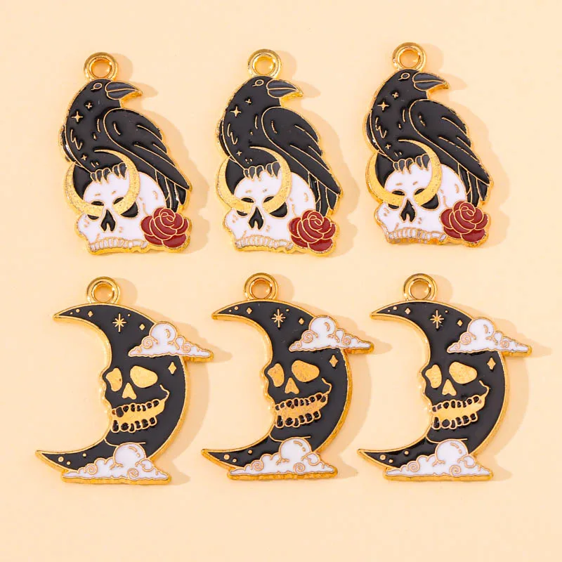 

20pcs Halloween Enamel Black Skull Crow Moon Charms for Jewelry Making Handmade Earrings Pendants Necklace Accessories Wholesale
