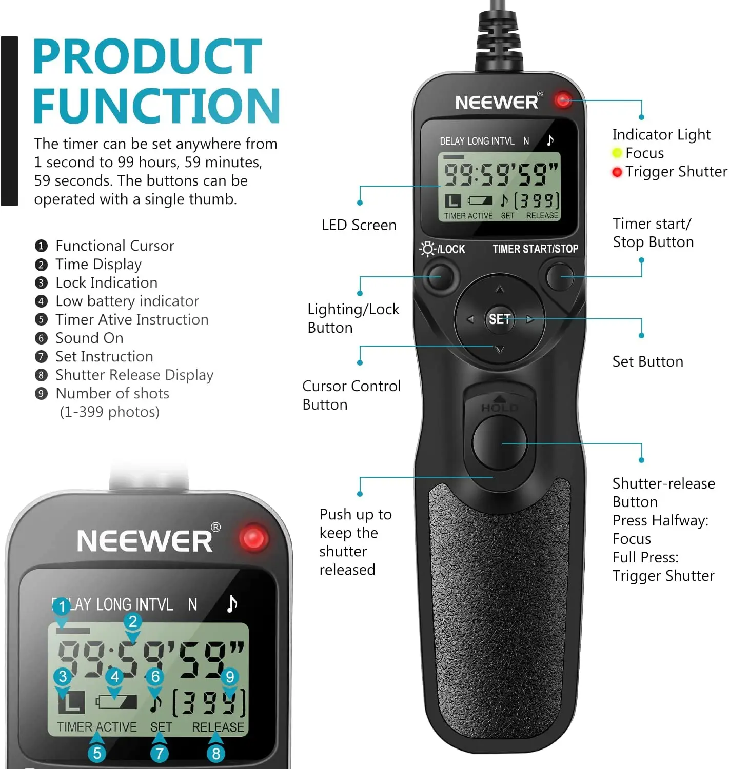 Neewer Digital Timer Remote Shutter Release Trigger for Nikon D90 D600 D610 D3100 D3200 D3300 D5000 D5100 D5200 D5300 D7000