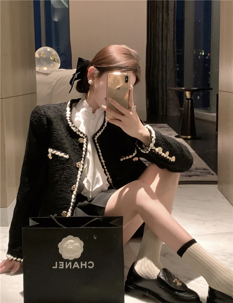 Vintage Tweed Jackets Women Elegant Black Cropped Suit Coat Korean Thicken Blazer Single Breasted Short Outerwear Tops New