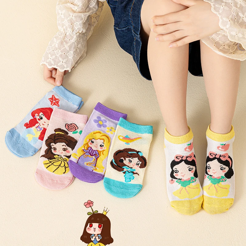 

5 Pairs Disney Princess Series Girl Socks Cartoon Snow White Belle Jasmine Ariel Aurora Children Boat Sock Cotton Cute Baby Sock