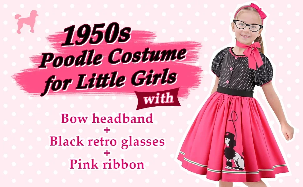 Vintage 1950er Pudelkleid für Mädchen, Sommerliches Polka-Dot-Prinzessinnenkleid mit Schals, Brille und Stirnband, Kinder-Geburtstagskleid – Detail 2