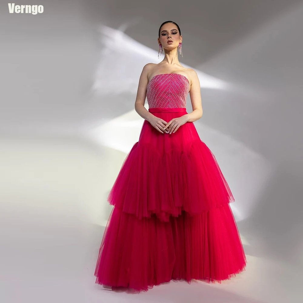 

Verngo A-line Prom Dresses Strapless/Halter Sleeveless Evening Dress Tulle Tiered Sequined Formal Occasion Gown Robes De Soirée