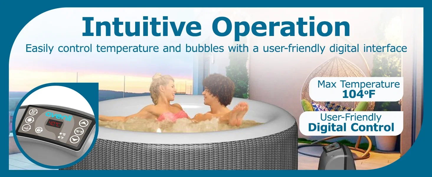 A couple enjoying the hot tub spa. Text: Intuitive Operation. Max Temperature 104 degrees Fahrenheit