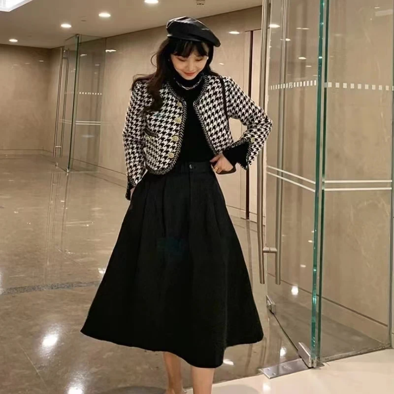 Spring Autumn Women Jacket Tweed Blazer Cropped Jacket Vintage Korean Chic Short Coat Plaid Office Lady Clothing Mujer blue wide leg pants women high waist casual cropped denim pants 2023 spring summer office lady thin baggy jeans pantalones mujer