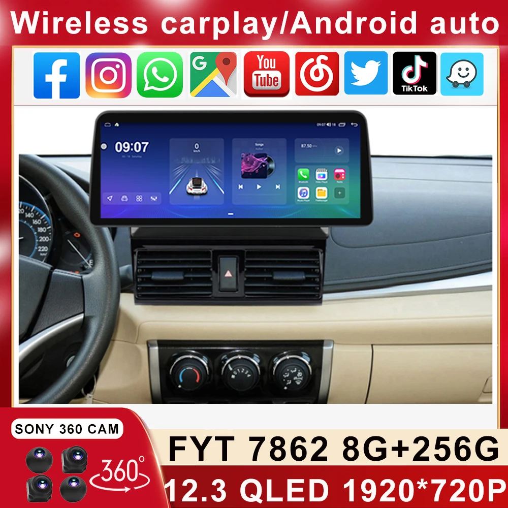 

12,3 дюймовый 1920*720 QLED для Toyota Vios 2014 2015 2016 Android 13 Автомобильный видео мультимедийный плеер стерео SWC головное устройство Carplay GPS BT