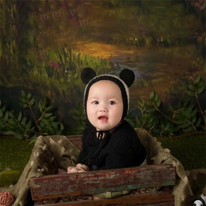 

77HD Baby Photography Props Suit Infant Panda Bonnet Long Sleeve Romper Newborn Photo Bodysuit SkinFriendly Baby Photo Outfit